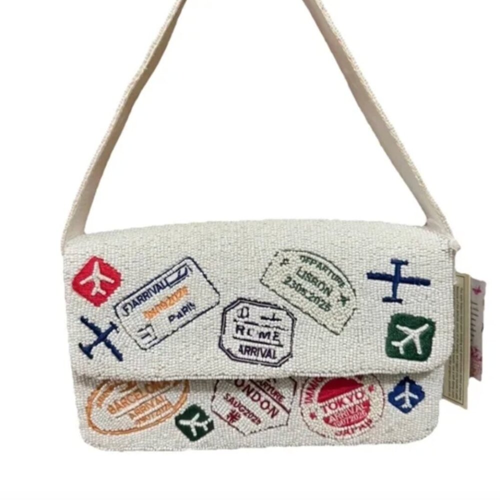 Handcrafted in India Beaded Bag Travel Passport Stamps Planes NWT Tik Tok Viral
